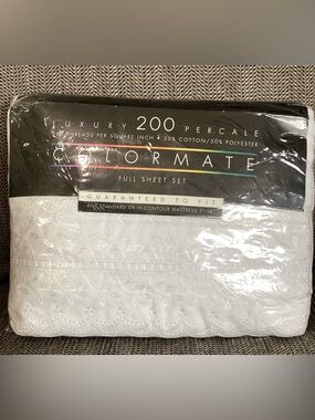 Vintage Colormate Full Sheet Set, White Embroidered, Percale Cotton/Poly NOS